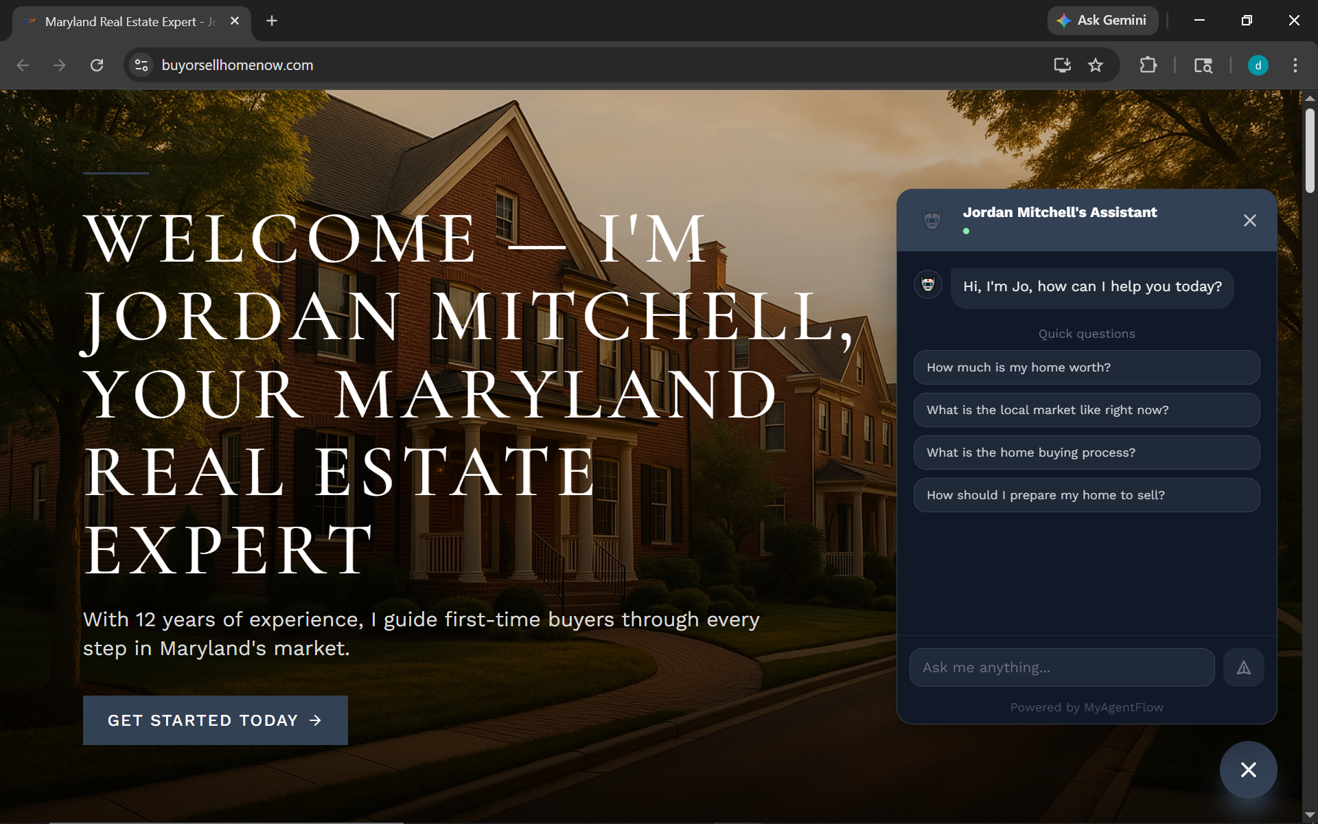 An agent's published home page on their own custom domain — built with MyAgentFlow in under an hour